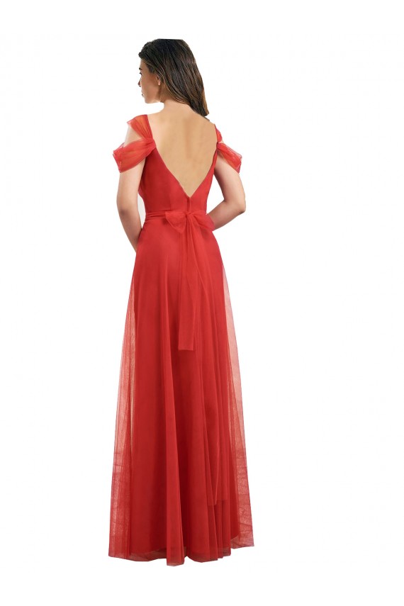 Long Cold Shoulder Tulle Red A-Line Formal Dress / Bridesmaid Dress Newcastle