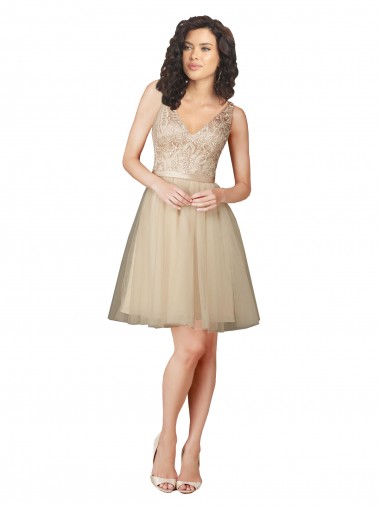 Knee Length Sleeveless Tulle & Lace Champagne A-Line Bridesmaid Dress Newcastle