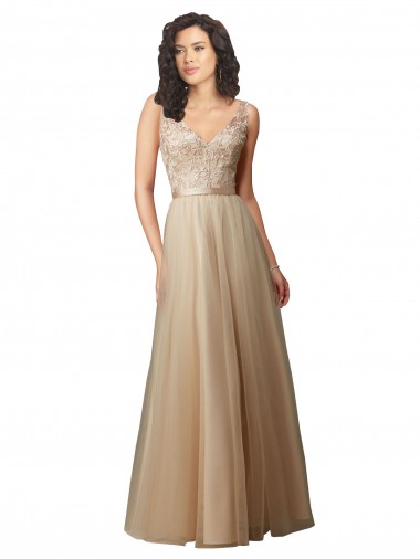 Long Sleeveless Tulle & Lace Champagne A-Line Bridesmaid Dress Newcastle