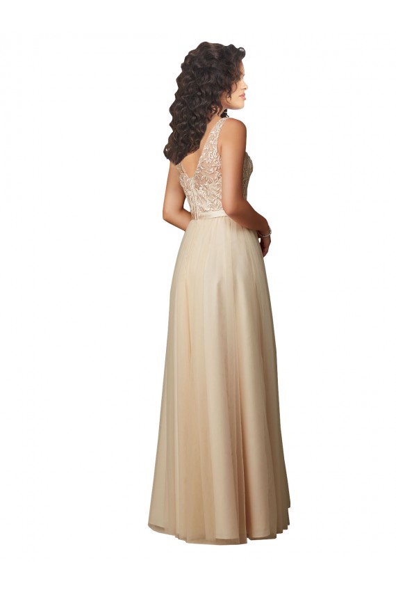Long Sleeveless Tulle & Lace Champagne A-Line Bridesmaid Dress Newcastle