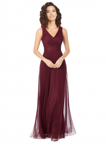 Long Sleeveless Tulle Burgundy Gold A-Line Bridesmaid Dress Newcastle