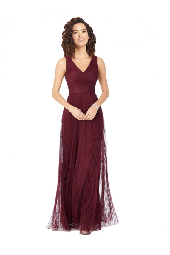Long Sleeveless Tulle Burgundy Gold A-Line Bridesmaid Dress Newcastle