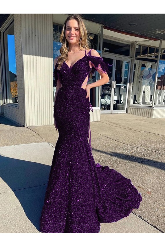 Court Train Sleeveless Velvet Sequin Plum Purple Sheath Prom Dress / Evening Dress Newcastle