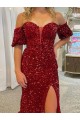 Court Train Short Sleeves Velvet Sequin Red Sheath Prom Dress / Evening Dress Newcastle