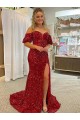 Court Train Short Sleeves Velvet Sequin Red Sheath Prom Dress / Evening Dress Newcastle