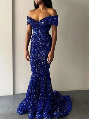 Sweep Train Sleeveless Velvet Sequin Royal Blue Mermaid Prom Dresses Newcastle