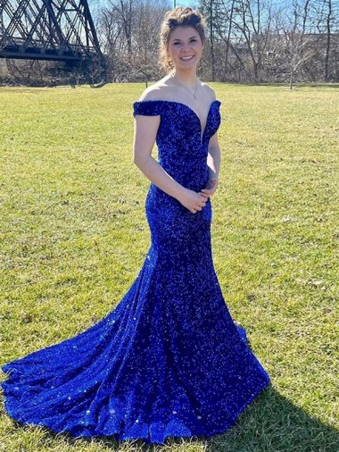 Sweep Train Sleeveless Velvet Sequin Royal Blue Sheath Prom Dress Newcastle