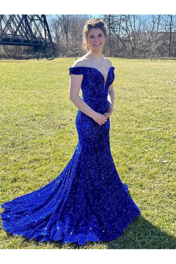 Sweep Train Sleeveless Velvet Sequin Royal Blue Sheath Prom Dress Newcastle
