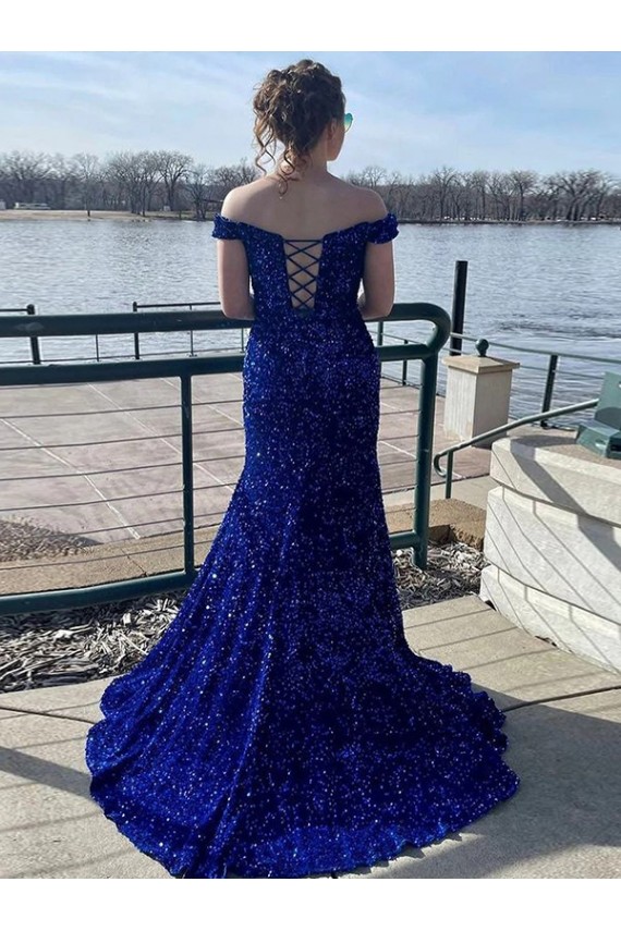 Sweep Train Sleeveless Velvet Sequin Royal Blue Sheath Prom Dress Newcastle