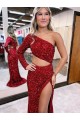 Sweep Train Long Sleeves Velvet Sequin Burgundy Mermaid Evening Dress Newcastle
