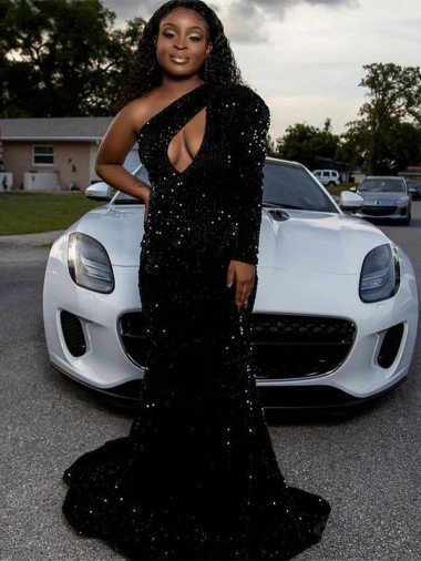 Sweep Train Long Sleeves Velvet Sequin Black One Shoulder Sheath Prom Dress Newcastle