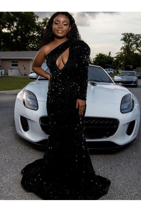 Sweep Train Long Sleeves Velvet Sequin Black One Shoulder Sheath Prom Dress Newcastle