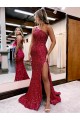 Sweep Train Sleeveless Velvet Sequin Burgundy Mermaid Evening Dress Newcastle