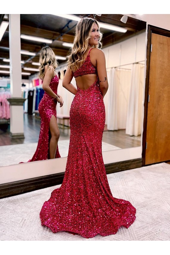 Sweep Train Sleeveless Velvet Sequin Burgundy Mermaid Evening Dress Newcastle