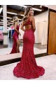 Sweep Train Sleeveless Velvet Sequin Burgundy Mermaid Evening Dress Newcastle