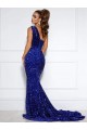 Court Train Sleeveless Velvet Sequin Royal Blue Mermaid Prom Dress / Evening Dress Newcastle