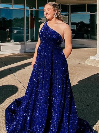 Sweep Train Sleeveless Velvet Sequin Royal Blue A-Line Prom Dress / Evening Gown Newcastle