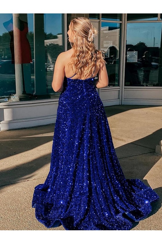 Sweep Train Sleeveless Velvet Sequin Royal Blue A-Line Prom Dress / Evening Gown Newcastle