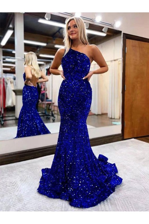 Sweep Train Sleeveless Velvet Sequin Royal Blue Mermaid Prom Dress Newcastle