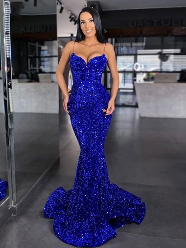 Sweep Train Sleeveless Velvet Sequin Royal Blue Mermaid Evening Gown / Prom Dress Newcastle