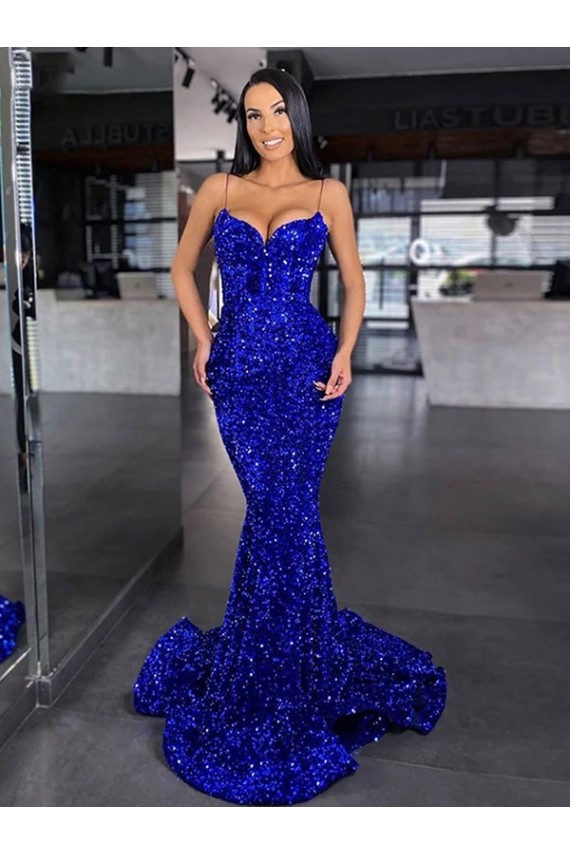 Sweep Train Sleeveless Velvet Sequin Royal Blue Mermaid Evening Gown / Prom Dress Newcastle