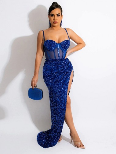 Sweep Train Sleeveless Velvet Sequin Royal Blue Spaghetti Straps Sheath Evening Dress Newcastle