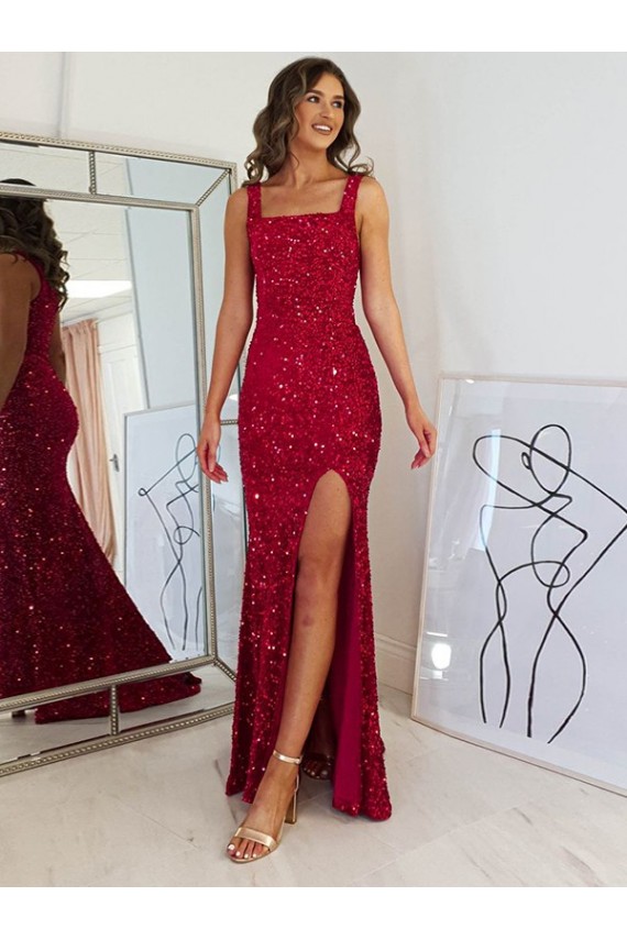 Long Sleeveless Velvet Sequin Burgundy Sheath Prom Dress Newcastle