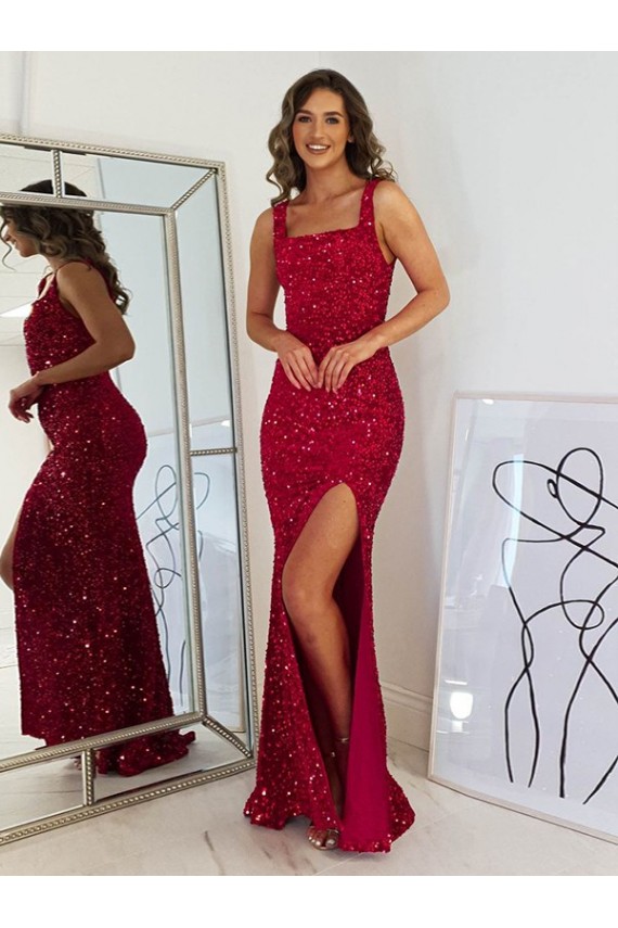 Long Sleeveless Velvet Sequin Burgundy Sheath Prom Dress Newcastle