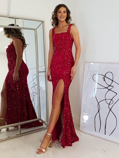 Long Sleeveless Velvet Sequin Burgundy Sheath Prom Dress Newcastle