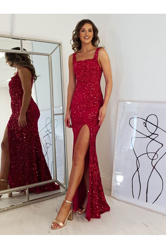 Long Sleeveless Velvet Sequin Burgundy Sheath Prom Dress Newcastle