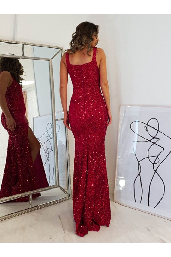 Long Sleeveless Velvet Sequin Burgundy Sheath Prom Dress Newcastle