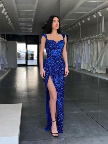 Sweep Train Sleeveless Velvet Sequin Royal Blue Sheath Evening Gown / Prom Dress Newcastle