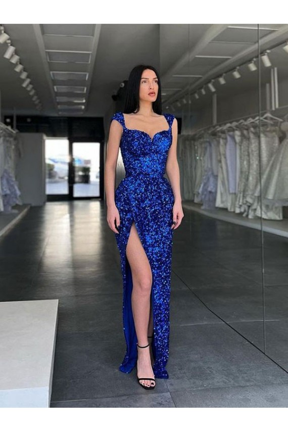 Sweep Train Sleeveless Velvet Sequin Royal Blue Sheath Evening Gown / Prom Dress Newcastle