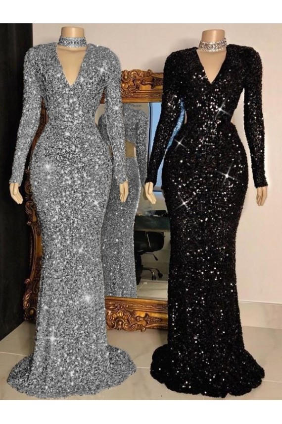 Sweep Train Long Sleeves Velvet Sequin Black Sheath Prom Dress Newcastle