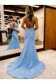 Sweep Train Sleeveless Velvet Sequin Periwinkle Sheath Evening Gown Newcastle