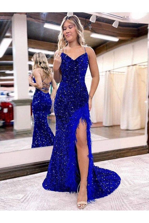 Sweep Train Sleeveless Velvet Sequin Royal Blue Sheath Evening Dress Newcastle