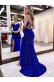 Sweep Train Sleeveless Velvet Sequin Royal Blue Sheath Evening Dress Newcastle