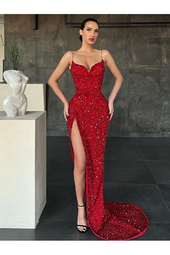 Sweep Train Sleeveless Velvet Sequin Red Sheath Evening Gown / Prom Dress Newcastle