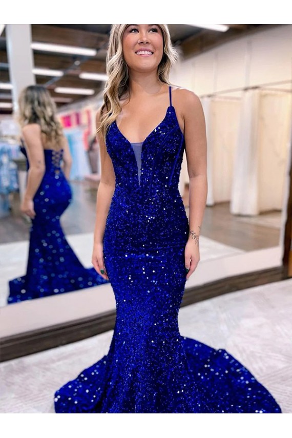 Court Train Sleeveless Velvet Sequin Royal Blue Mermaid Prom Dress Newcastle