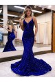 Court Train Sleeveless Velvet Sequin Royal Blue Mermaid Prom Dress Newcastle