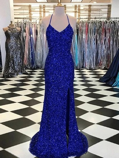 Sweep Train Sleeveless Velvet Sequin Royal Blue Sheath Prom Dress / Evening Gown Newcastle