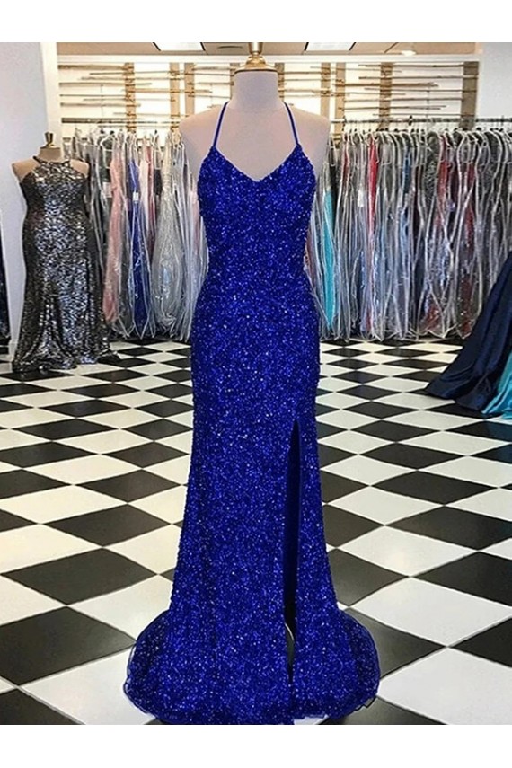 Sweep Train Sleeveless Velvet Sequin Royal Blue Sheath Prom Dress / Evening Gown Newcastle