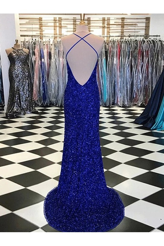 Sweep Train Sleeveless Velvet Sequin Royal Blue Sheath Prom Dress / Evening Gown Newcastle