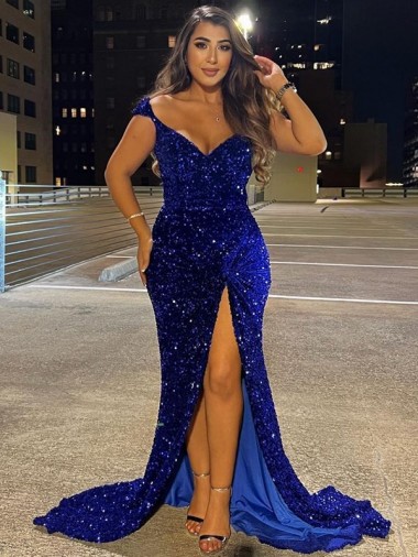 Sweep Train Sleeveless Velvet Sequin Royal Blue Sheath Dress Newcastle