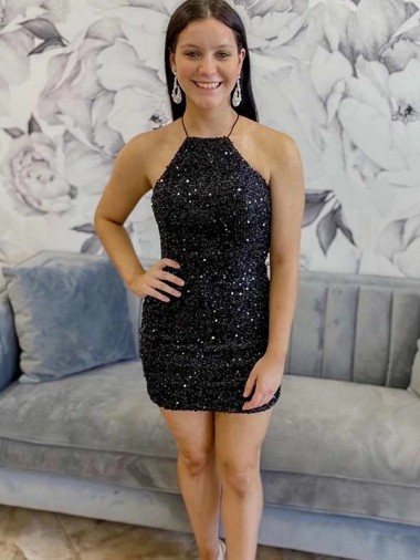Short Sleeveless Velvet Sequin Black Sheath Prom Dress Newcastle