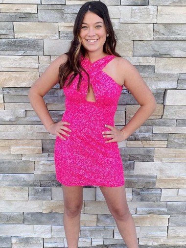 Short Sleeveless Velvet Sequin Fuchsia Sheath Homecoming Dress Newcastle