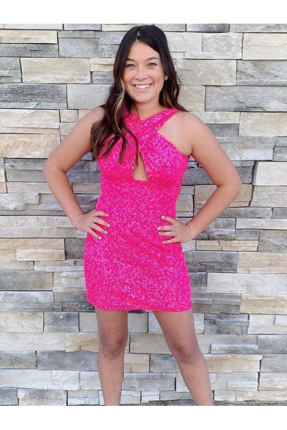 Short Sleeveless Velvet Sequin Fuchsia Sheath Homecoming Dress Newcastle