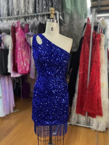 Short Sleeveless Velvet Sequins Royal Blue Sheath Homecoming Dress Newcastle