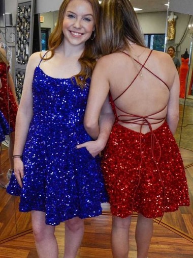 Short Sleeveless Velvet Sequin Royal Blue A-Line Prom Dress Newcastle