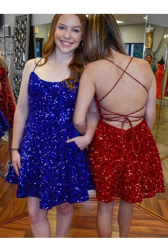 Short Sleeveless Velvet Sequin Royal Blue A-Line Prom Dress Newcastle